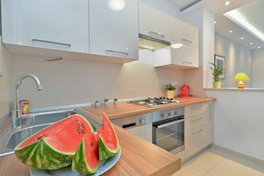 Fridge, oven, stovetop, cookware/dishes/utensils