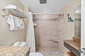 Shower, hair dryer, towels