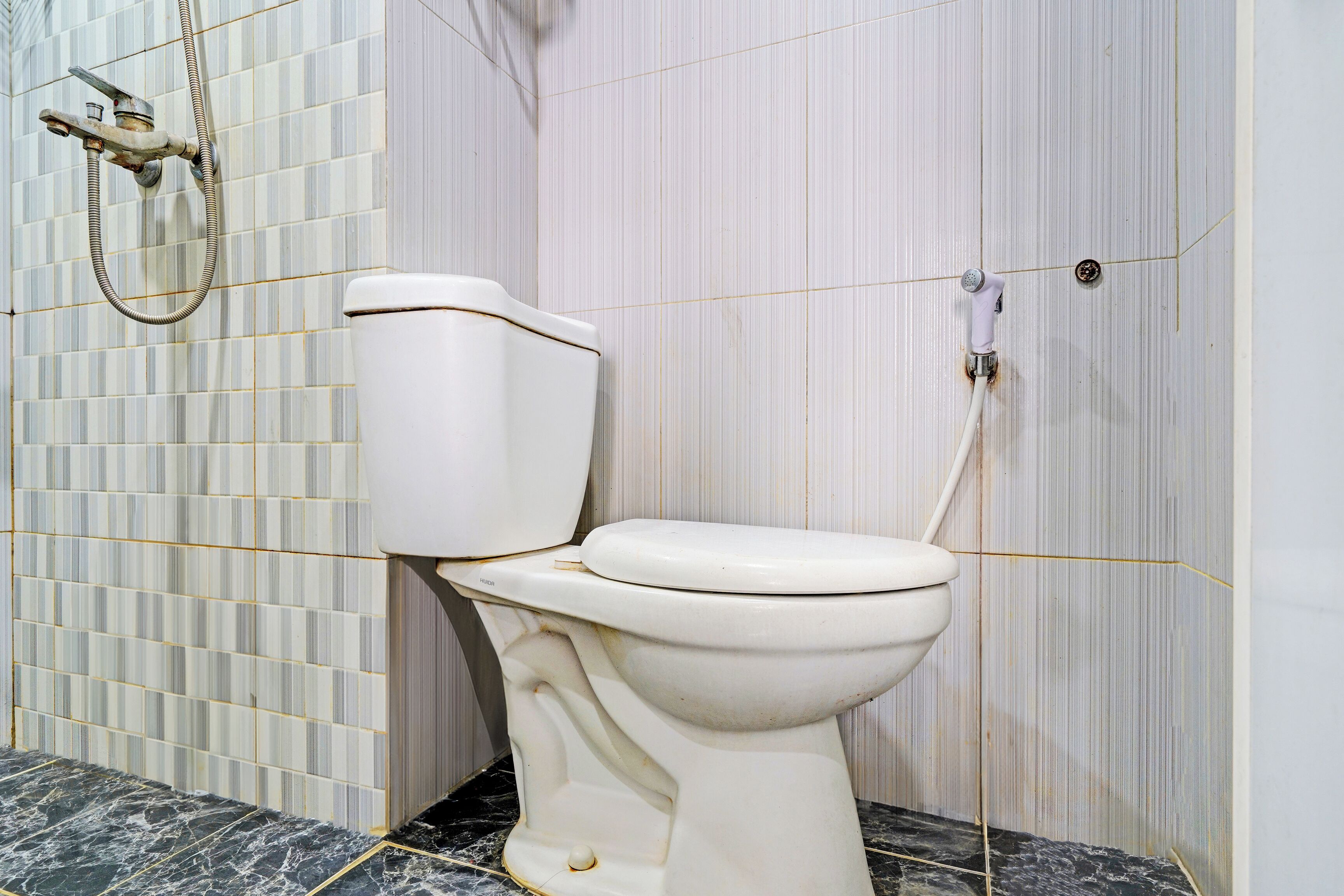 A toilet with a white tank and seat, a shower head, and a tiled wall with a striped pattern.