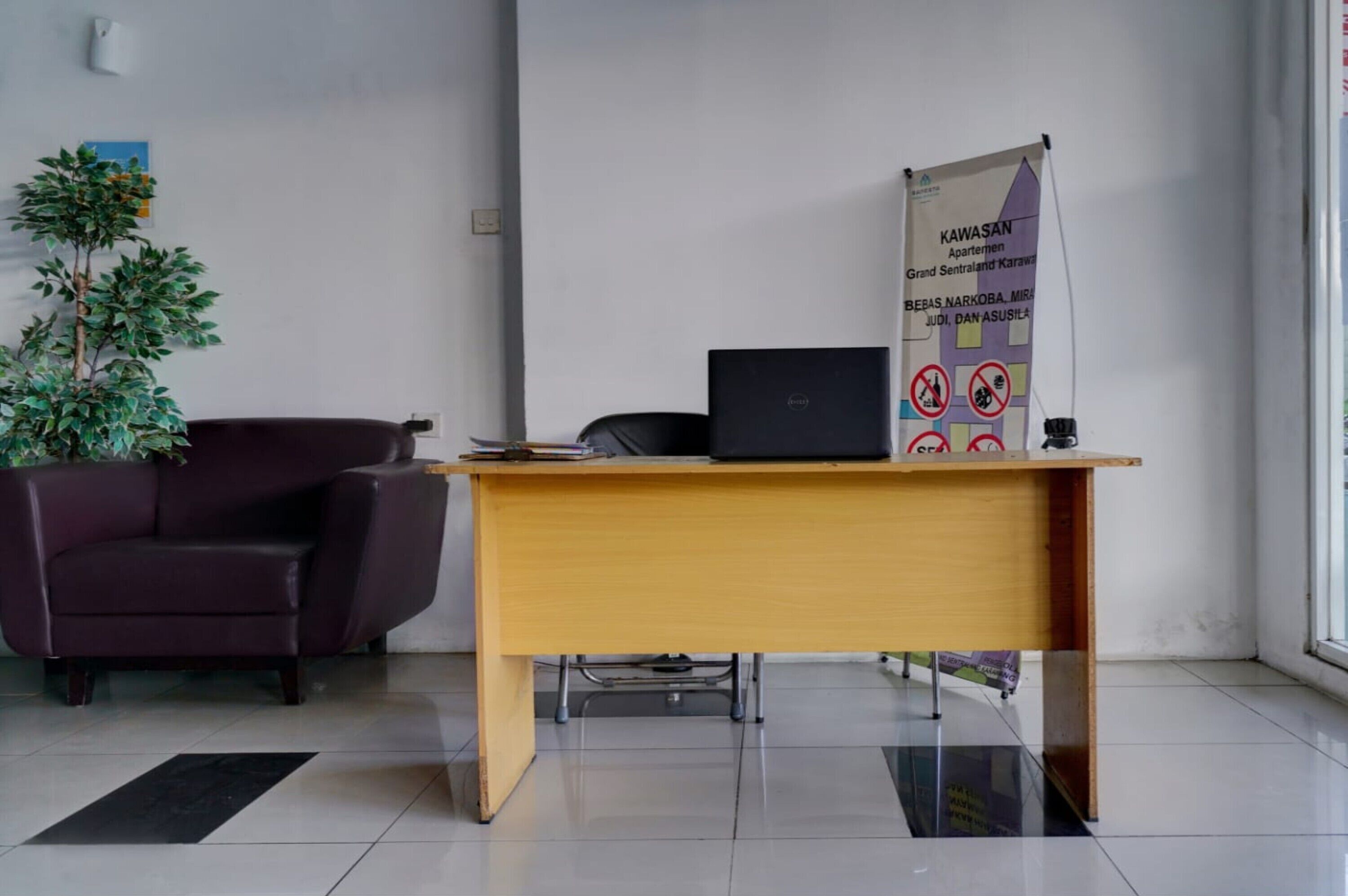 A modern office space with a wooden desk, a laptop, a purple chair, and a potted plant.