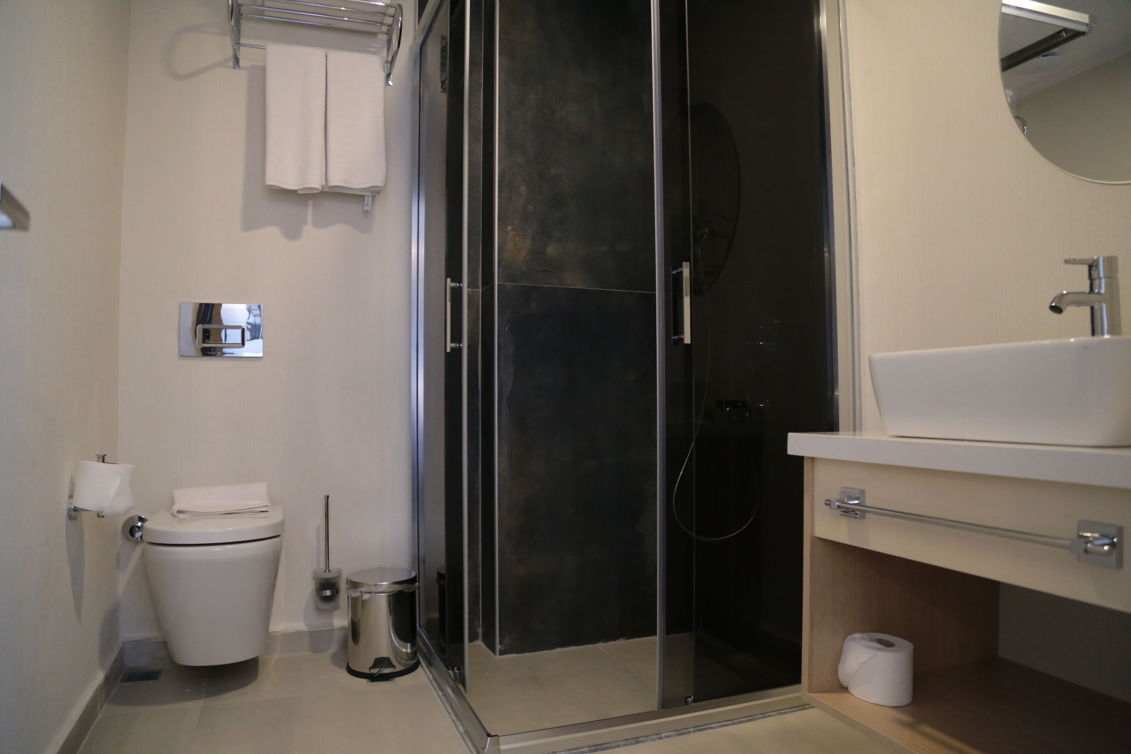 A modern bathroom with a toilet, a shower enclosure, a sink, and a mirror.
