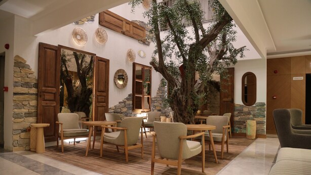 Un rincón interior acogedor con mobiliario de madera, paredes de piedra y un gran árbol como elemento central.