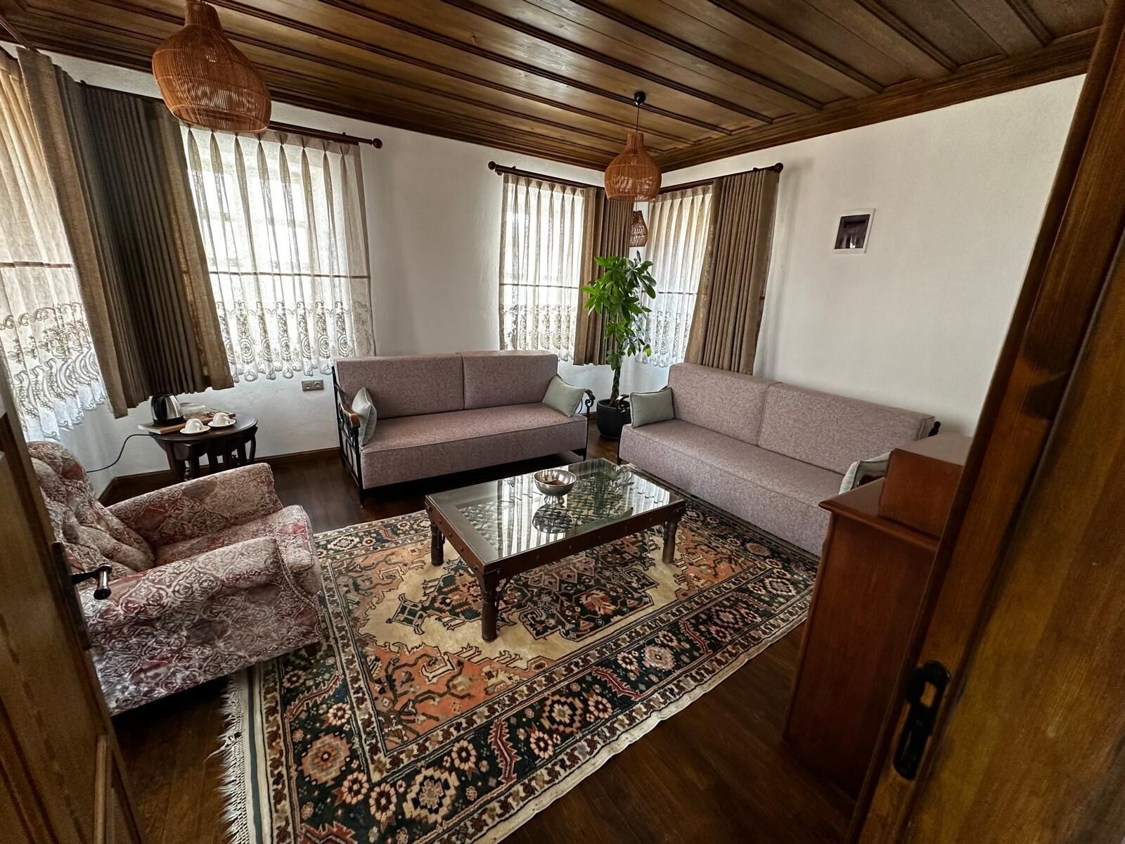 A living room with two sofas, a coffee table, patterned rugs, and a potted plant.