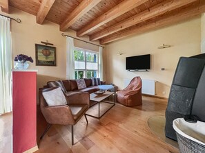 TV connectée, cheminée, livres, chaîne hi-fi