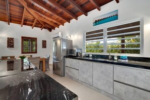 A modern kitchen with a marble countertop, stainless steel appliances, and a view of greenery through large windows. - Salinja Breeze with pool and salt lake view (Kralendijk)