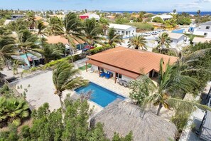 A residential area with a swimming pool, thatched-roof structures, and palm trees. - Salinja Breeze (Kralendijk)