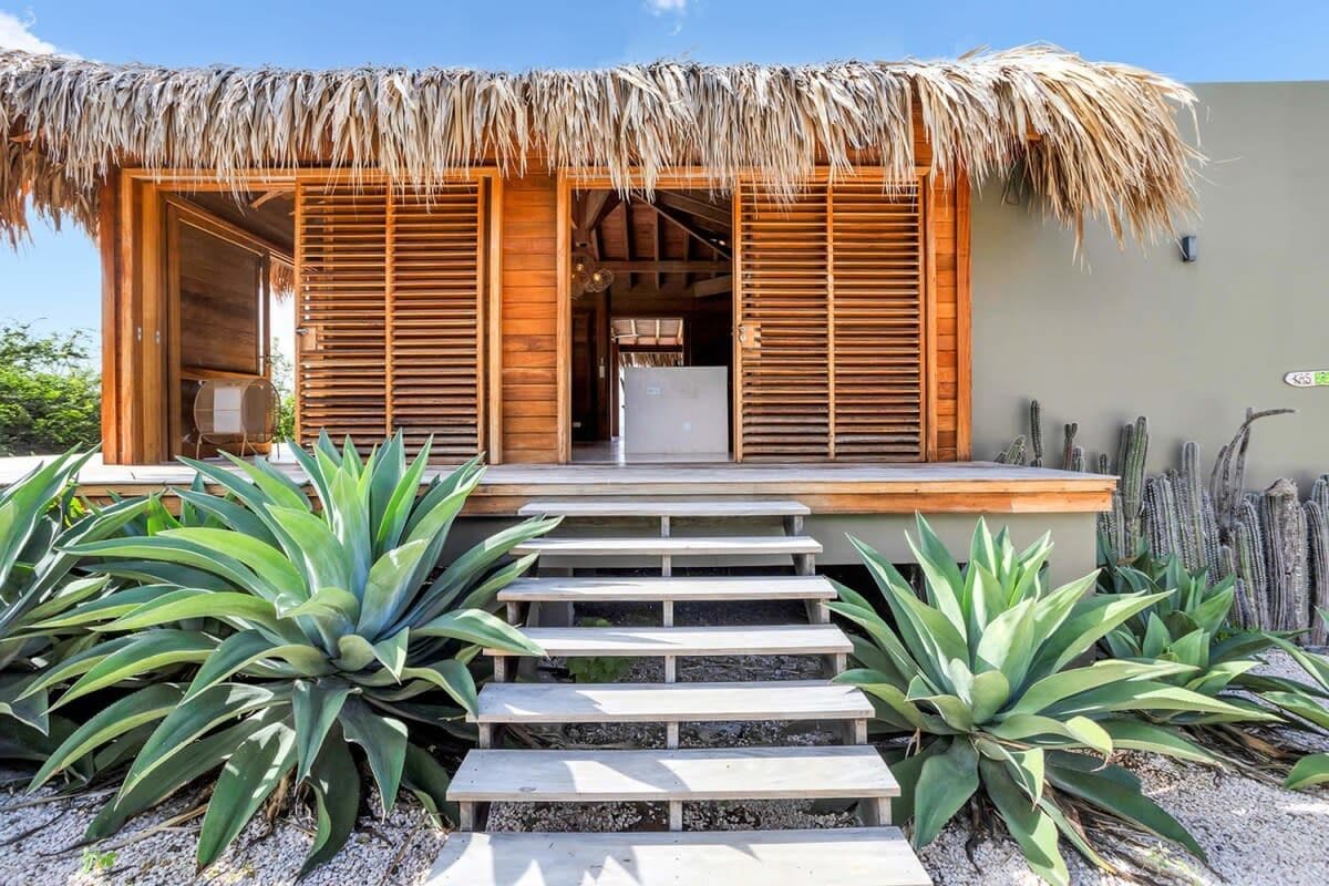 A wooden structure with a thatched roof, a staircase leading to an entrance, and cacti in the foreground.
