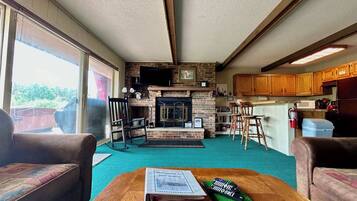 Een televisie, een open haard, een dvd-speler en boeken