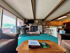 Televisor, llar de foc, reproductor de DVD i llibres 