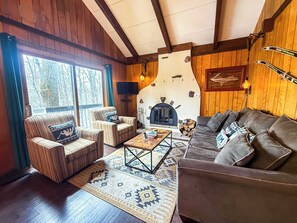 Una televisión, una chimenea, un reproductor de DVD, libros