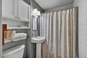 Hair dryer, towels, soap, toilet paper