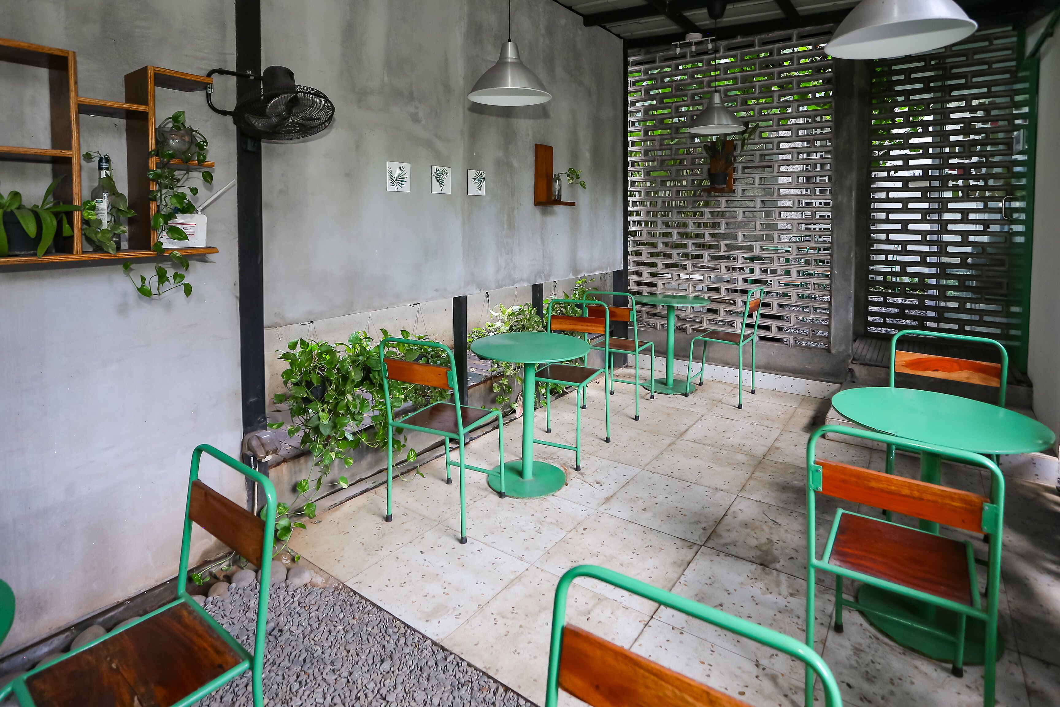Um café com cadeiras verdes e de madeira, pequenas mesas e plantas em vasos.