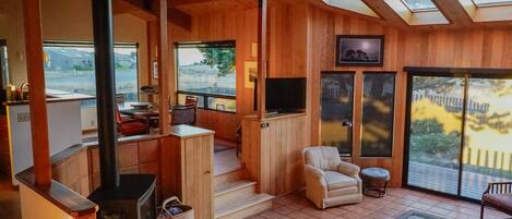 Smart TV, fireplace, books, music library