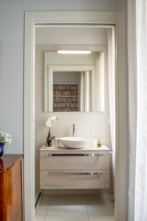 Shower, hair dryer, towels, toilet paper