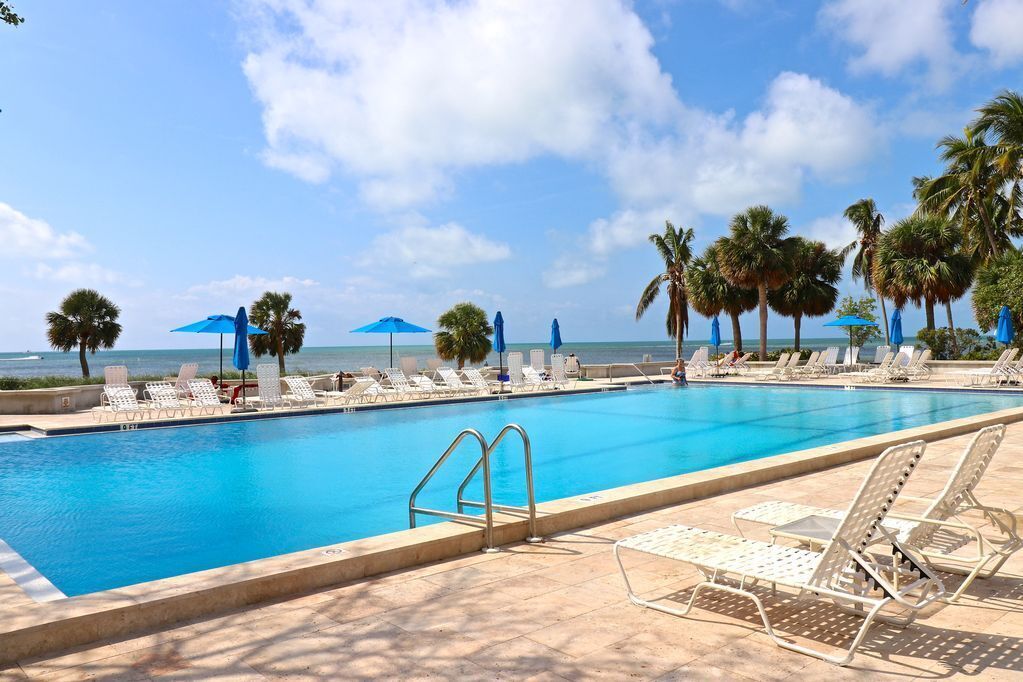 Une piscine avec des chaises longues et des parasols, des palmiers et une vue sur l’océan.