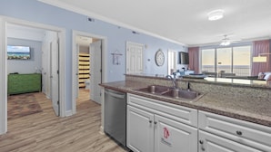 A modern kitchen with granite countertops, a dishwasher, and a view to the outside.