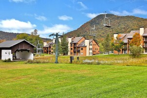 Zona residencial con casas modernas, un edificio pequeño y un telesilla.