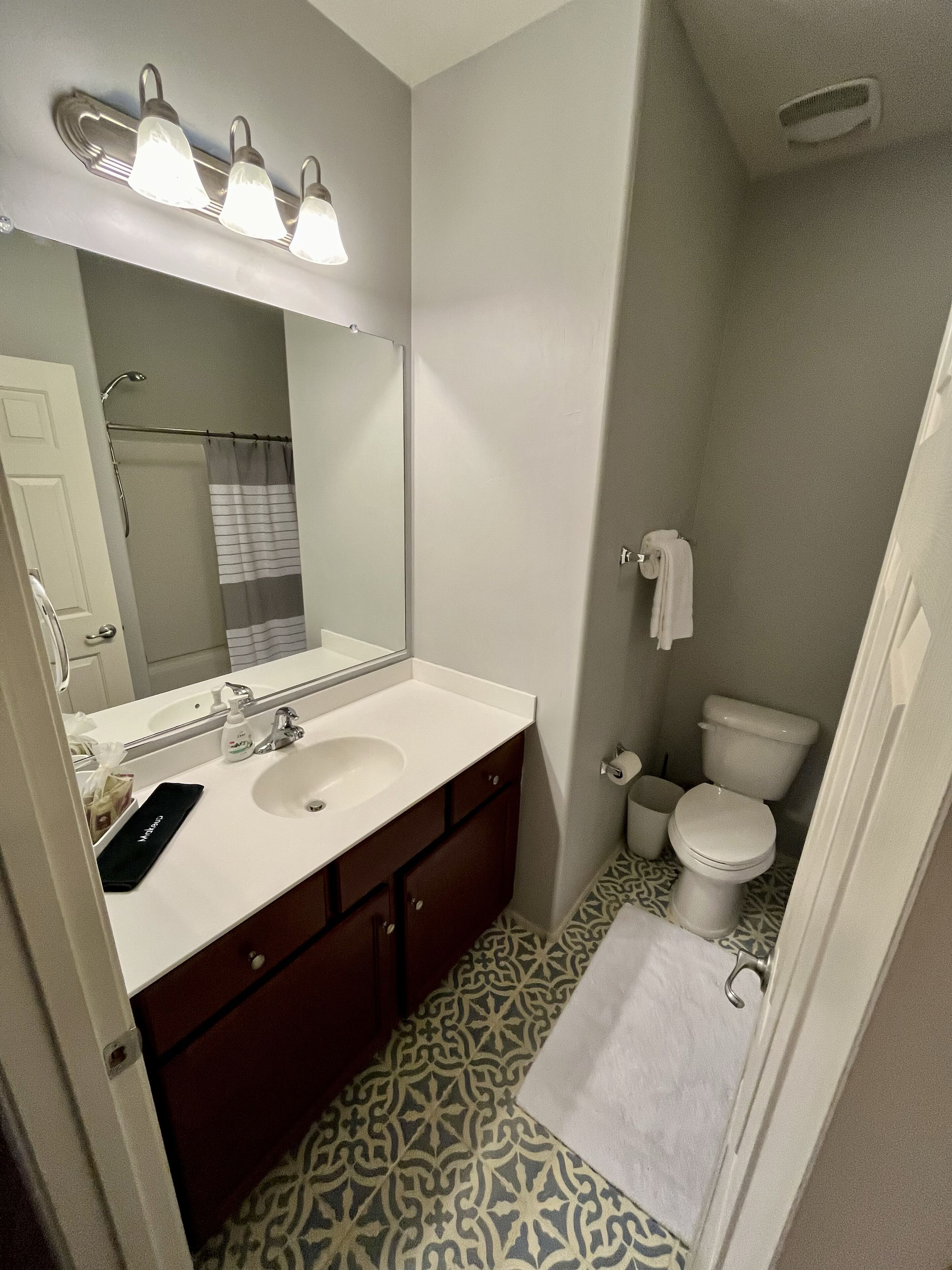 Une salle de bain avec un lavabo blanc, un meuble-lavabo en bois foncé, un grand miroir et des toilettes.