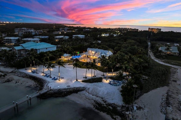An aerial view of a coastal resort with a large house surrounded by palm trees and a beach.