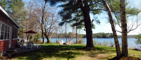 A lakeside property with a red building, outdoor seating, and a large tree.