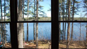 Une vue à travers une fenêtre sur une zone boisée avec un lac, des arbres et un terrain de camping.