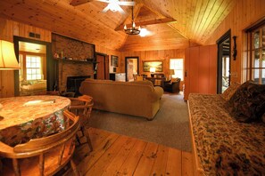 Fireplace, books, stereo