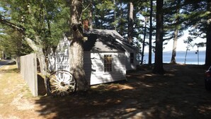 Une petite cabane avec une brouette, entourée d’arbres et donnant sur une étendue d’eau.
