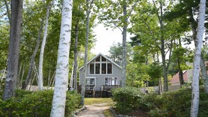 A house surrounded by tall trees with a gravel path leading to the front door.