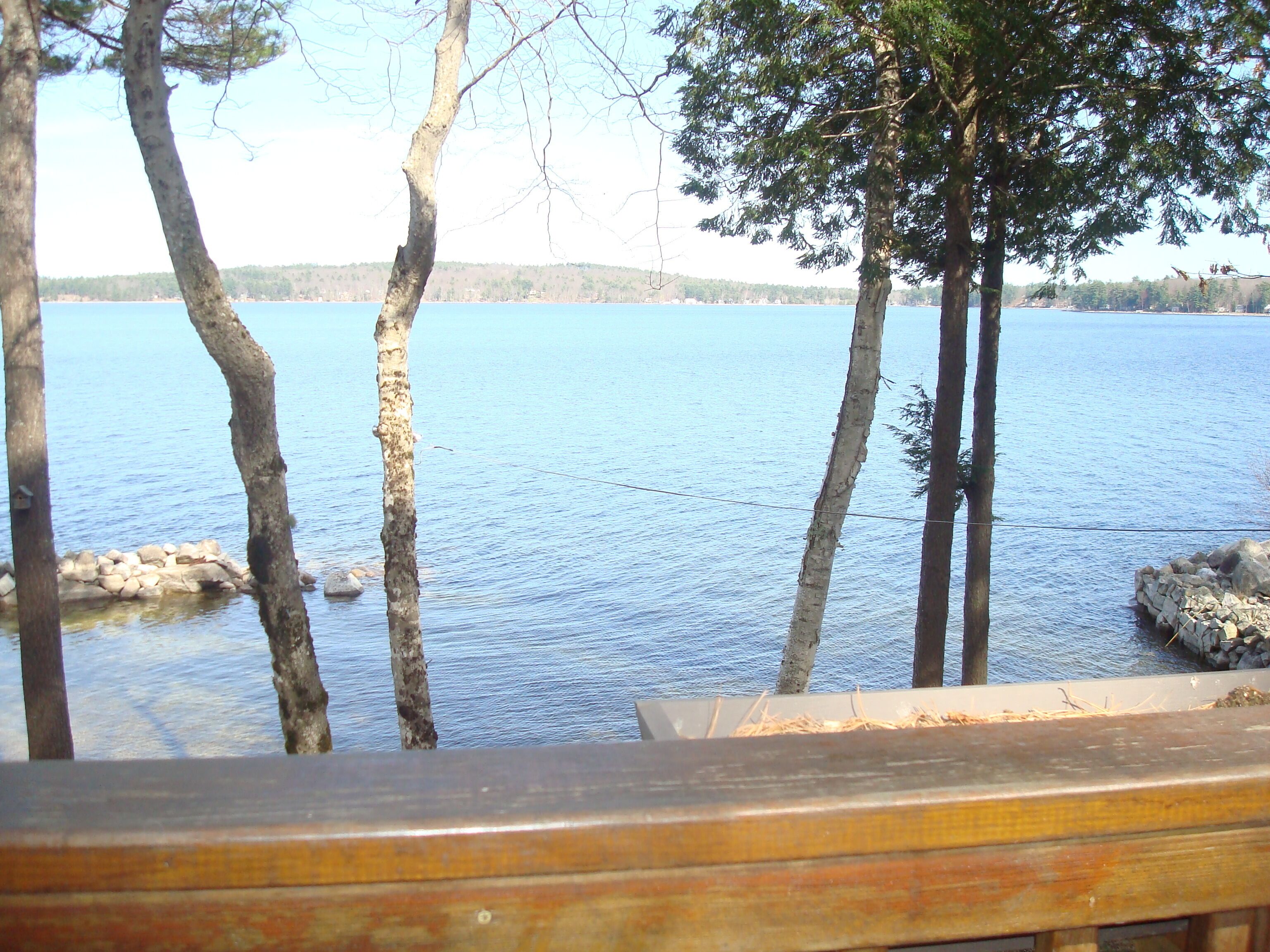 A view of a lake with trees and a wooden deck in the foreground.