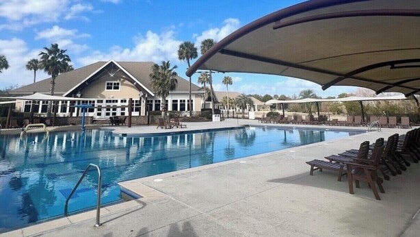 Une piscine dotée de chaises longues et d’un espace abrité, entourée de palmiers et bordée d’un bâtiment au toit en pente.