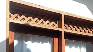 A room with two large windows, wooden frames, and a decorative ceiling piece. - Anna & Gideon's  B&B (Jambiani)