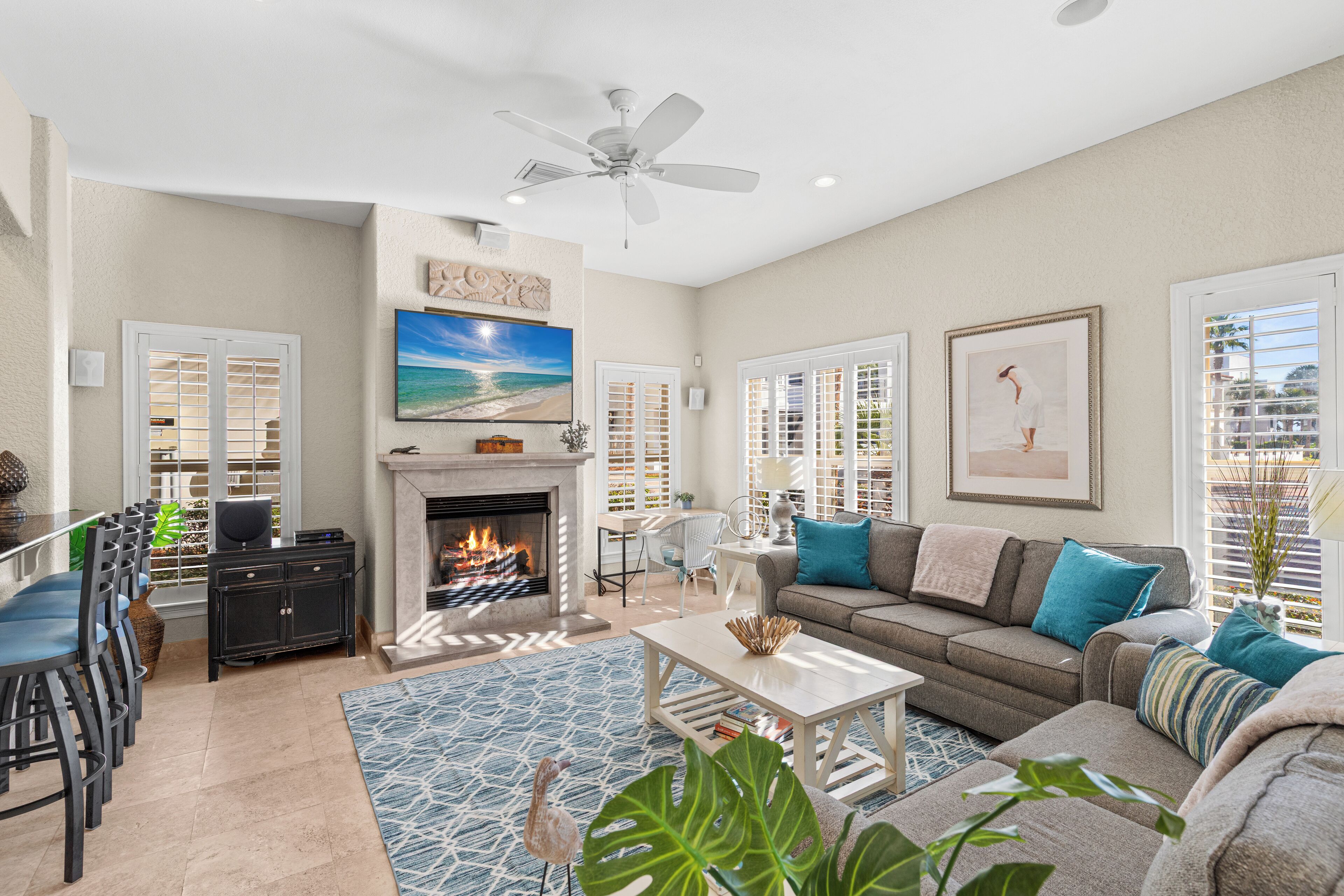 Smart TV, fireplace, books