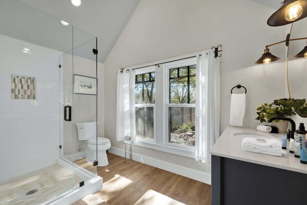 Shower, hair dryer, towels, soap