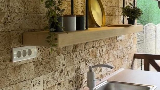 A kitchen with a stone backsplash, wooden countertop, built-in shelves, and a hanging plant. - Casa Mia Vrdnik (Vrdnik)