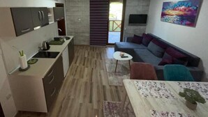 A compact living space with a kitchenette, a sofa, and a dining area. - Casa Mia Vrdnik (Vrdnik)