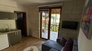 A compact living space with a kitchenette, a sofa, a TV, and a sliding glass door leading to an outdoor area. - Casa Mia Vrdnik (Vrdnik)