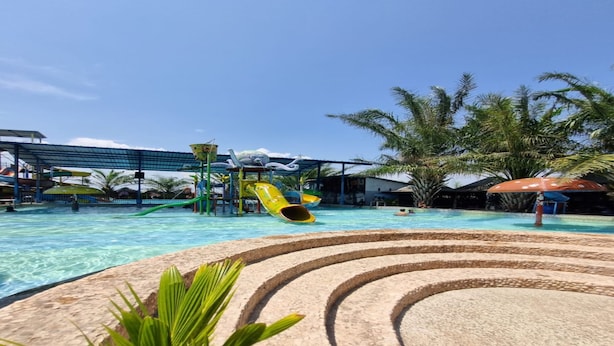 Ein Swimmingpool mit gelb rutschend, Palmen und einem überdachten Bereich mit Sonnenschirmen.