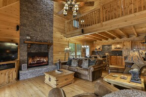 TV, fireplace - Trout Tales Riverfront Lodge-Hot Tub,Pet Friendly,Game Room,Firepit,Decks Galore (Ellijay)