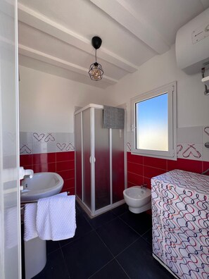 Een douche, een haardroger, een bidet, handdoeken