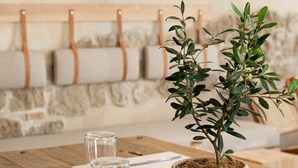 A wooden table with a potted plant, two glasses, and a notepad. - ERAMAI  (Patras)