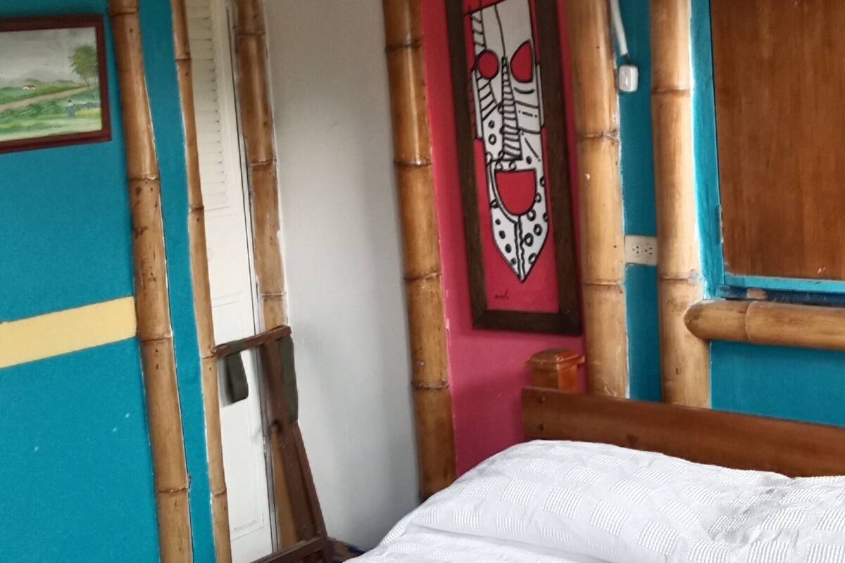 A room with a bed, a ceiling fan, a door, and a wall with a framed picture.