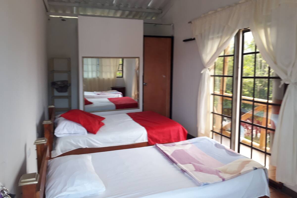 A bedroom with two beds, a large window with curtains, a mirror, and a wooden door.