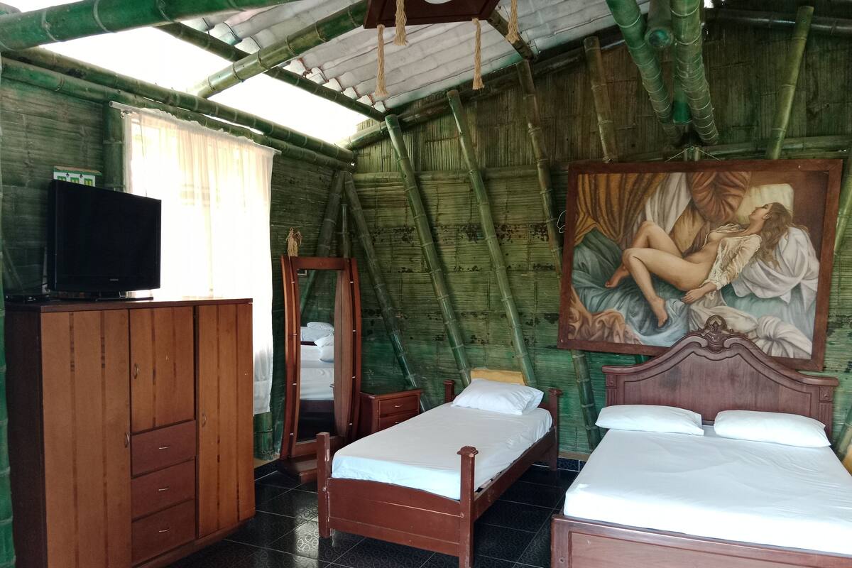 A room with two wooden beds, a wooden wardrobe, a television on a cabinet, and a large painting on the wall.