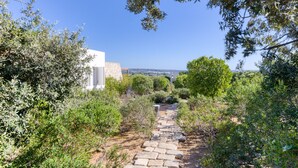 A stone pathway leading to a white building surrounded by greenery. - Pool villa near the beaches w/ fantastic sea view (Torre Pali)