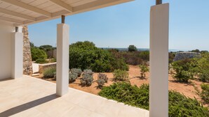 A covered outdoor area with a view of a landscaped garden and distant landscape.