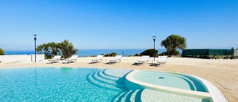 Seasonal outdoor pool, pool umbrellas, sun loungers