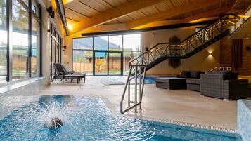 Indoor pool, open noon to 9:00 PM, lifeguards on site