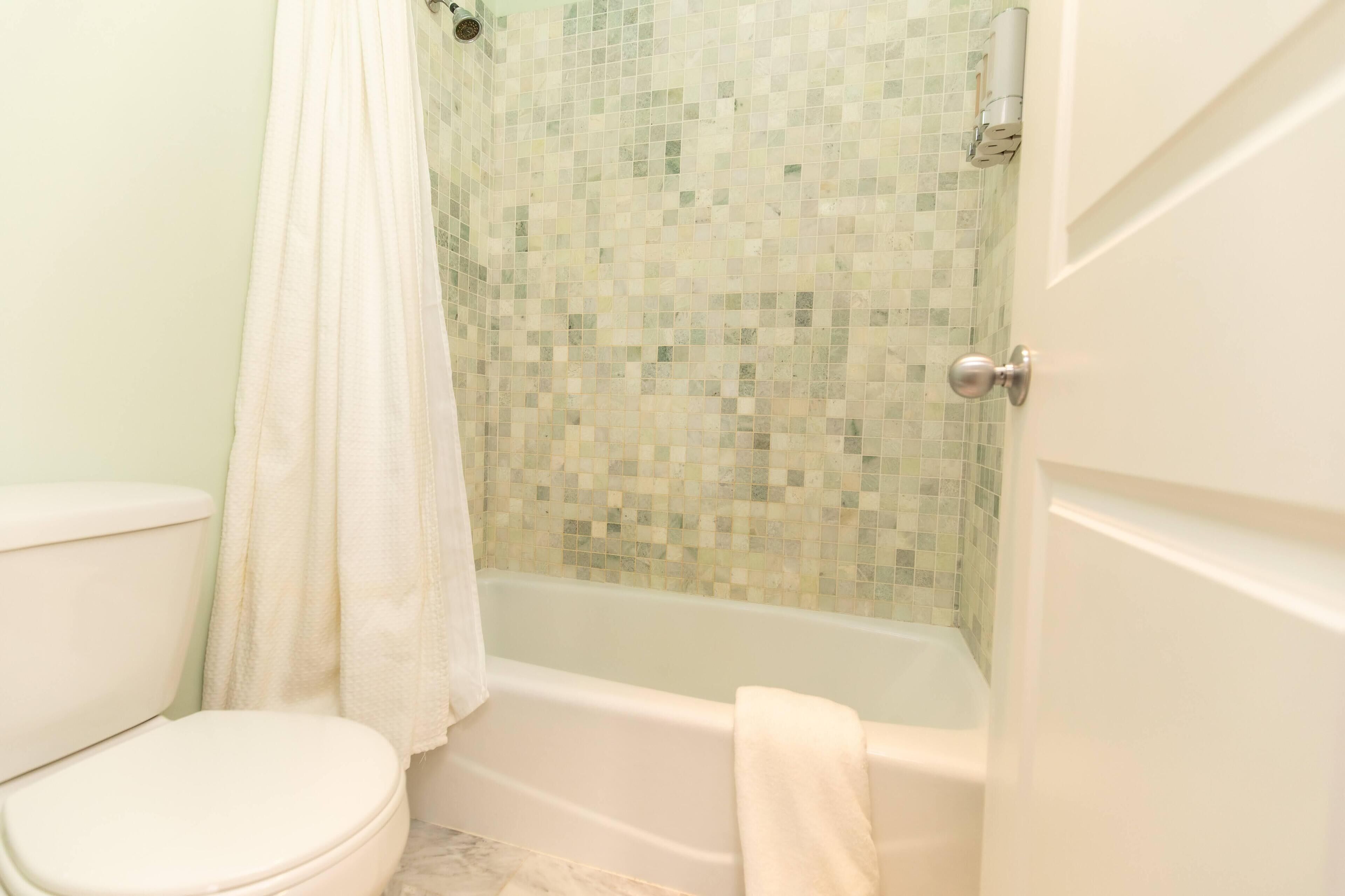 A bathroom with a toilet, a shower with mosaic tiles, and a bathtub.