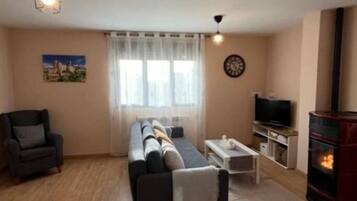 Televisie, een open haard en boeken