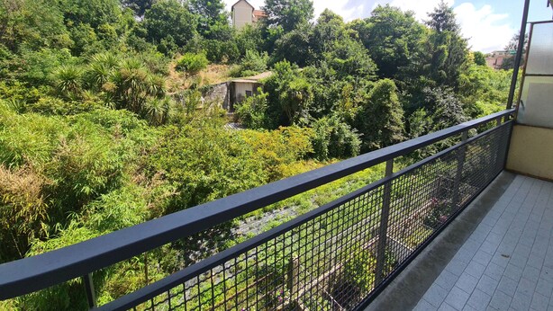 Un balcon doté d’une balustrade en métal, qui offre une vue sur un paysage verdoyant et luxuriant, avec des arbres et un bâtiment visible au loin.